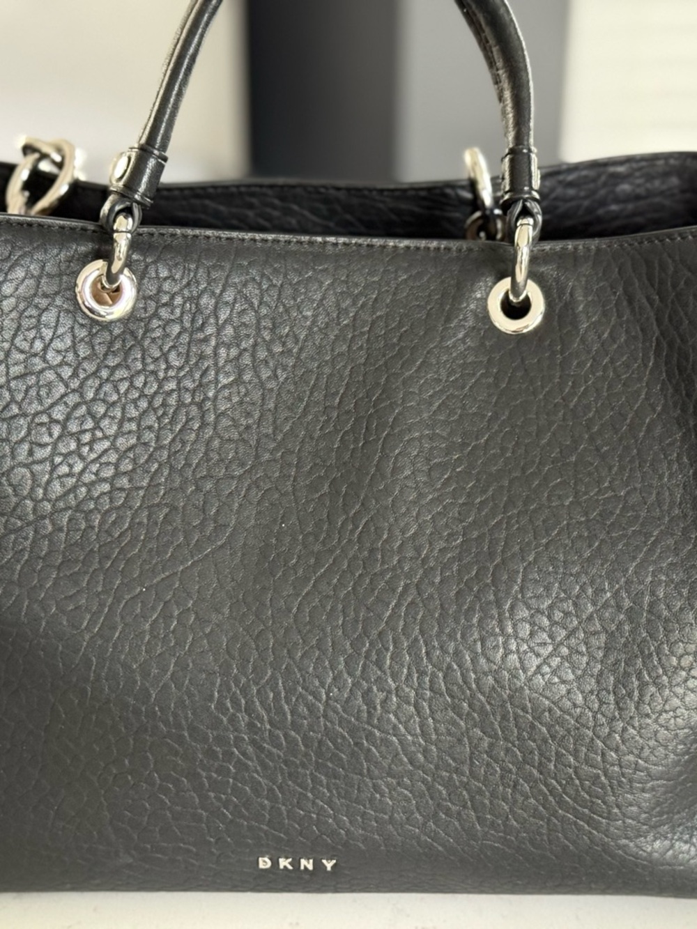 DKNY Black Pebbled Leather Top-Handle Tote with Silver Hardware